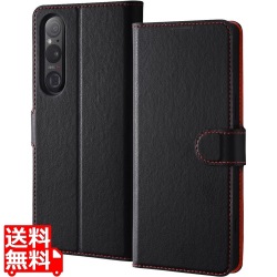 Xperia 1 V 耐衝撃 手帳型レザーケース シンプル マグネット/BK/RD 写真1