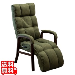 高座椅子 昼寝 ハイバック 70cm 肘掛け 肘置き フットレスト 14段 天然木 ファブリック リクライニングレバー 10段 ヘッドレスト 14段 オリーブ RMJJ-37-OLV 写真1