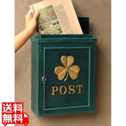 壁掛けポスト アンティーク風 ヴィンテージ風 クラシック レトロ 鋳物 鍵付き 横開き【Clover(クローバー)】(グリーン) 写真1