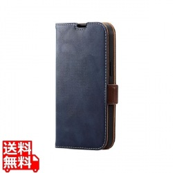 iPhone 14 / 13 ケース カバー レザー 手帳型 マグネット フラップ 耐衝撃 衝撃吸収 スリム ストラップホール付 スタンド機能付 ステッチ ネイビー 写真1