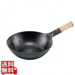 山田 鉄木柄中華片手鍋 36cm 底平型 IH用(板厚2.3mm)サビ止め有 写真1