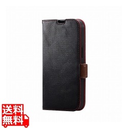 iPhone 14 / 13 ケース カバー レザー 手帳型 マグネット フラップ 耐衝撃 衝撃吸収 スリム ストラップホール付 スタンド機能付 ステッチ ブラック 写真1