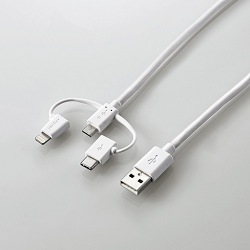 スマートフォン用USBケーブル/3in1/microUSB+Type-C+Lightning/0.3m/ホワイト 写真1