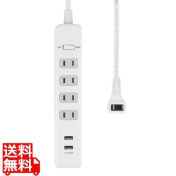 耐雷 USB端子付OAタップ 4個口 USBポート:2ポート 2m 写真1