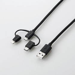 スマートフォン用USBケーブル/3in1/microUSB+Type-C+Lightning/1.2m/ブラック 写真1