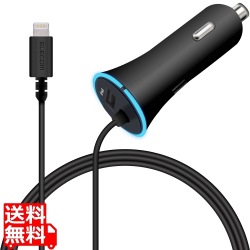 シガーチャージャー/150cm+USBAポート/4.8A/インジケーター付/ブラック 写真1