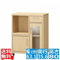 フルニコ カウンターワゴン 食器棚 幅約65cm 高さ80cm ナチュラルブラウン キャスター付 背面化粧 写真1