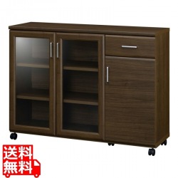 カウンターワゴン 食器棚 白井産業 幅112cm 高さ85cm ダークブラウン キャスター付 背面化粧有 キッチン収納 ベアルモ BRM-8511CWBR 写真1