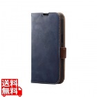 iPhone 14 / 13 ケース カバー レザー 手帳型 マグネット フラップ 耐衝撃 衝撃吸収 スリム ストラップホール付 スタンド機能付 ステッチ ネイビー