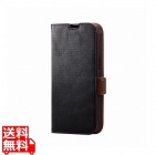 iPhone 14 / 13 ケース カバー レザー 手帳型 マグネット フラップ 耐衝撃 衝撃吸収 スリム ストラップホール付 スタンド機能付 ステッチ ブラック