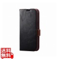 iPhone 14 / 13 ケース カバー レザー 手帳型 マグネット フラップ 耐衝撃 衝撃吸収 スリム ストラップホール付 スタンド機能付 ステッチ ブラック 写真1