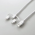 スマートフォン用USBケーブル/3in1/microUSB+Type-C+Lightning/0.3m/ホワイト 写真1