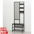 多機能ハンガーラック ブラウン ミラー付 姿見 奥行き33cm 小物置き ディスプレイ棚 フック付 ベンチにも カバン置き 玄関 リビング 寝室