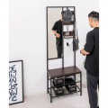 多機能ハンガーラック ブラウン ミラー付 姿見 奥行き33cm 小物置き ディスプレイ棚 フック付 ベンチにも カバン置き 玄関 リビング 寝室 写真3
